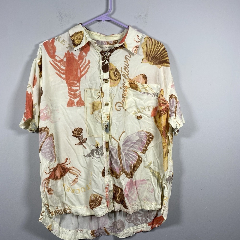 We The Free People Share Good Vibes Coral Button Up Shirt Ocean Boho Womens Sz S